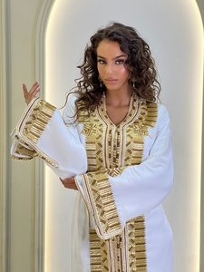 Kaftan turc blanc, abaya brodée d'or, col en V, manches longues, robe musulmane longue jusqu'au sol - Product Image 5