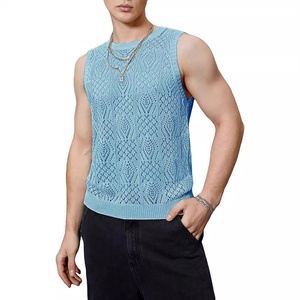 <b>Men's</b> Knitted Sleeveless Tank Top O-Neck Hollow Out Geometric Pattern Casual Breathable <b>Vest</b> Summer Wear - Product Image 3