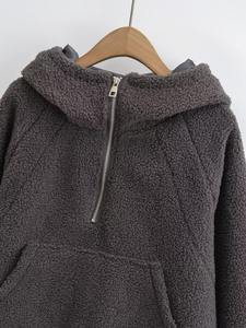 Oversized Embroidered Print Fleece <b>Hoodie</b> Half <b>Zip</b> Pullover Unisex Casual Winter Sweatshirt Solid Color Regular Fit <b>Pocket</b> - Product Image 3