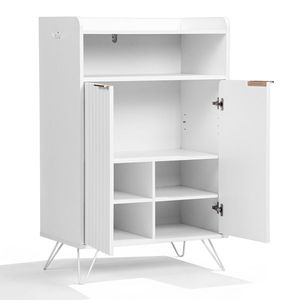 Scarpiera a due ante con parte superiore aperta, due ganci, pannello a griglia, corpo in truciolato, anta in MDF termoformato, scaffali per scarpe - Product Image 2