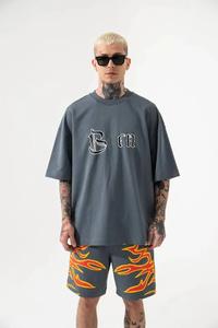 Camiseta con estampado DTG, Camiseta de algodón con cuello redondo y logotipo personalizado, conjunto de pantalones cortos, conjunto informal transpirable con estampado de soplo de verano para hombre - Product Image 5