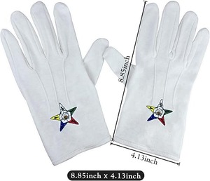 Gants en coton blancs franc-maçons avec équerre et compas brodés à la machine, 100 % coton, blancs. - Product Image 2