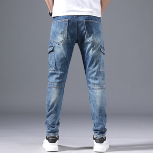 Jean en denim pour homme, coupe slim, respirant, style motard, avec poches zippées, en coton délavé, style cargo, taille mi-haute, imprimé brodé, collection automne - Product Image 4