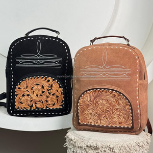 Hand <b>Tooled</b> Tan Suede <b>Leather</b> Boot Stitch Backpack Western Floral Concealed Carry Travel Luxury Genuine <b>Leather</b> Laptop Backpacks - Product Image 5