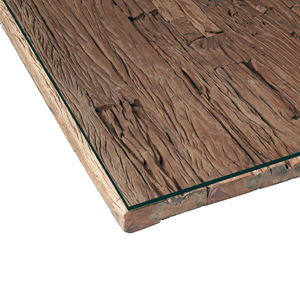 Table de salle à manger pour la maison, en bois recyclé, style vintage antique, avec plateau carré de style rétro naturel et pieds en acier inoxydable en forme de U - Product Image 6