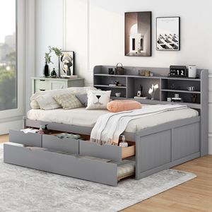 Cama capitán de madera gris claro de tamaño completo con estanterías integradas y tres cajones de almacenamiento, incluye cama nido - Product Image 2