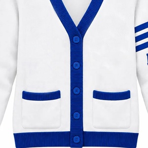 Suéter Cárdigan de Punto al por Mayor para Mujeres Universitarias, Color Blanco y Azul, Cuello en V, OEM, Manga Larga con Bolsillos - Product Image 5