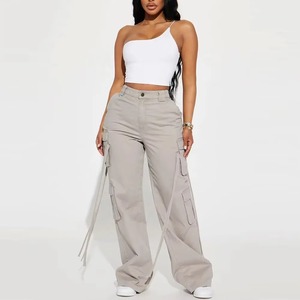 Pantalones Cargo de Cintura Alta para Mujer, Color Sólido, Corte Holgado, Largos, con Múltiples Bolsillos, Estilo Casual - Product Image 3