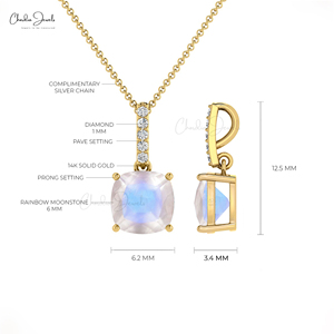 Productos en Tendencia: Colgante Colgante de Piedra Lunar Arcoíris de Corte Cojín de 0.71 Ctw con Acento de Diamante en Oro Sólido de 14k, Colgante Doble de Piedra Natal - Product Image 4