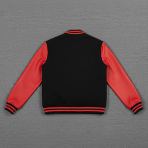 Customized Men's Black <b>Red</b> Varsity <b>Jacket</b> With Flame Logo Turn-Down Collar Regular Fit PU Material Autumn Wear - Product Image 5