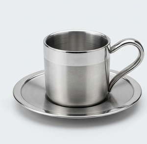 Modern Stainless Steel Tea <b>Cup</b> with <b>Saucer</b> Set Silver Metal <b>Coffee</b> Mug with Handle - Product Image 1