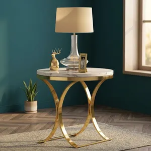 Round End <b>Side</b> <b>Table</b> Coffee <b>Table</b> with Stainless Steel Legs and <b>Marble</b> Stone <b>Top</b> for Living Room Bedroom Office - Product Image 4