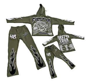 Ensemble de survêtement à capuche First48, manches longues, imprimé flamme, streetwear unisexe pour adultes, vêtements décontractés d'automne, 100% coton, fermeture à cordon - Product Image 2