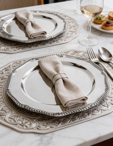 Handcrafted Silver Metal Supla Round Dinner <b>Plate</b> Decorative Table <b>Mat</b> for Wedding Banquet Event Dining Decor - Product Image 1