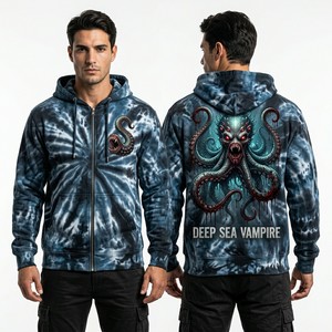 Sudadera con Capucha Azul Marino Personalizada con Lavado Ácido para Hombre, Diseño Gráfico del Horizonte de la Ciudad Vampiro, Estilo Urbano Vintage, Sudadera Oversize de Forro Polar - Product Image 4