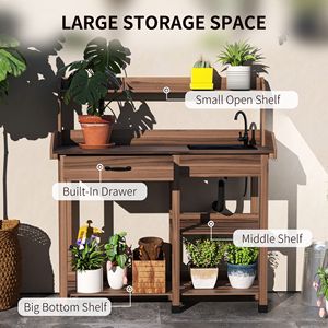 Dark Brown Wooden Potting Bench Table Removable Sink Faucet Drawer Outdoor Garden Work Station Featuring Iron <b>Shelves</b> <b>Hooks</b> Mall - Product Image 5