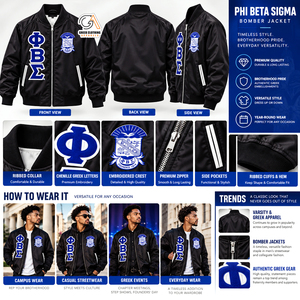 Chaqueta Bomber Negra para Hombre, Phi Beta Sigma, con Letras Griegas Bordadas en el Pecho, Estilo Casual, Cierre de un Botón, Poliéster/Algodón - Product Image 5