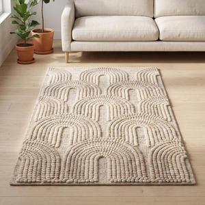 Tapis d'intérieur en laine beige crème tissé à la main, motif géométrique moderne, boucles épaisses, antidérapant, à poils moyens, avec envers en toile de coton - Product Image 1