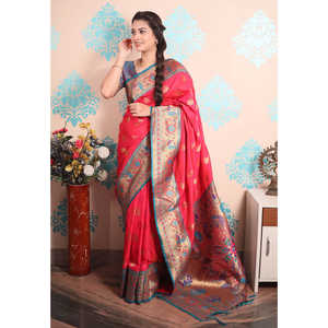Sari en soie Paithani tissé avec des fils de zari roses, vêtements indiens et pakistanais - Product Image 2