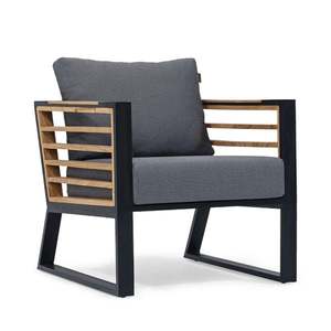 Modern Metal Living Room <b>Chair</b> with Wood Slat Sides and Gray Cushion for Indoor Use - Product Image 1
