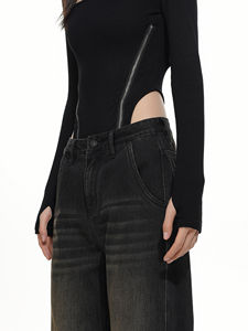 Jean en denim vintage taille haute pour femme, coupe ample, style boyfriend, délavé, jambe large, décontracté, été, color block - Product Image 5