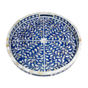 Plateau de service rond artisanal de luxe en nacre avec incrustations florales bleues, plateau décoratif pour table basse, décoration intérieure - Product Image 1