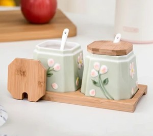Juego de Recipientes de Cerámica de Lujo con Tapa de Madera y Cuchara, Organizador de Cocina con Diseño Floral, Recipiente Duradero y Seguro para Alimentos - Product Image 2