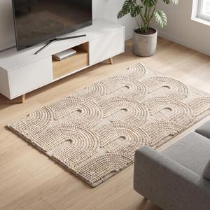 Tapis d'intérieur en laine beige crème tissé à la main, motif géométrique moderne, boucles épaisses, antidérapant, à poils moyens, avec envers en toile de coton - Product Image 2