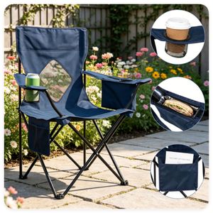 Sedia da Campeggio Pieghevole con Telaio in Metallo Resistente, Portabicchieri, Sedia Portatile da Esterno con Borsa Termica e Tasca Laterale per Parchi - Product Image 3