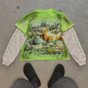 T-shirt personnalisé à col rond, coupe carrée et courte, impression sérigraphique, streetwear, t-shirt à manches longues double couche pour homme - Product Image 5