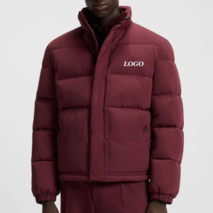 New Men Burgundy Puffer Jacket Windproof Thick Quilted Winter <b>Bubble</b> <b>Coat</b> Embroidery Casual Zipper Front Outerwear - Product Image 1