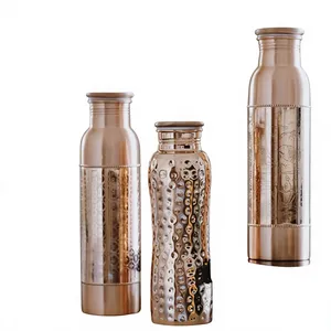 Deluxe Pure Copper Water <b>Bottle</b> With Minimal Lotus Artwork Sleek Polished Finish Etched Lotus Copper <b>Flask</b> For Wellness - Product Image 2