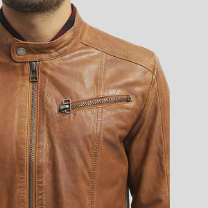 Veste en cuir véritable pour homme, marron, fermeture éclair, col rabattu, style décontracté, automne, coupe ajustée, longueur standard - Product Image 4
