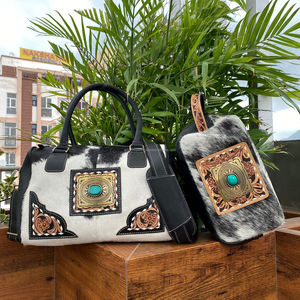 Fabricante de fábrica, cuero genuino Unisex, cuero de vaca reforzado, piedra turquesa, equipaje de viaje y artículos de tocador, juego combinado de 2 piezas - Product Image 6