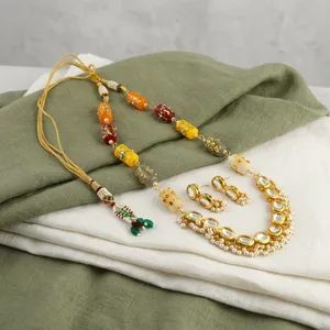 Kundan <b>Pearl</b> Long <b>Necklace</b> <b>Set</b> with Multicolor Stone Beaded <b>Necklace</b> and Matching Earrings Indian Bridal Wedding Jewelry - Product Image 4