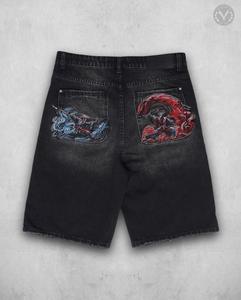 Pantalones Cortos de Mezclilla Negros Extra Grandes para Hombre, de Alta Calidad, Lavados, Transpirables, con Diseño Personalizado, Bordados y Parches - Product Image 2