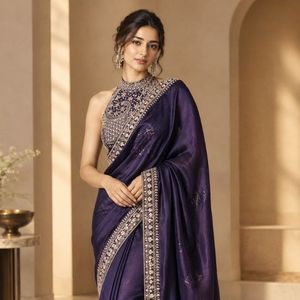 Sari de Seda Inspirado en Celebridades de Bollywood con Bordado de Lentejuelas, Diseño de Encaje, Secado Rápido, Precio al por Mayor para Bodas, Estilo Real - Product Image 3