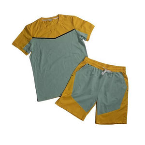 Men's Yellow And Green Color Block T-Shirt And Shorts <b>Set</b> Two Piece Crewneck Tee With Matching Shorts Casual Activewear - Product Image 1