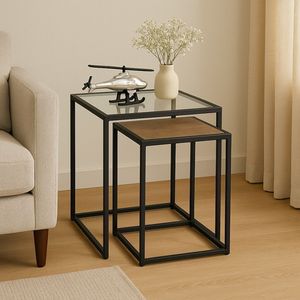 Set di Tavolini Moderni Contemporanei a 2 Pezzi in Vetro e Metallo per un Soggiorno Elegante - Product Image 1