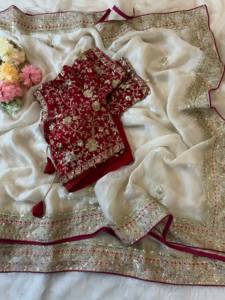 Sari de seda de diseñador, sari de seda bordado, sari bordado con lentejuelas, sari bordado con zari, atuendo festivo, atuendo de boda, estilo étnico - Product Image 1
