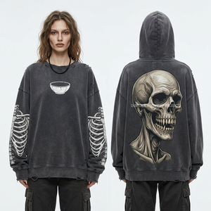 Sudadera con Capucha Azul Marino Vintage de 350GSM para Mujer, con Estampado de Ancla Náutica en la Manga, Gráfico de Calavera en el Abismo y Bordes Desgastados - Product Image 6