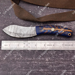 Cuchillo de caza y camping de hoja fija de acero de Damasco hecho a mano con mango de resina exótica de piña, DIY ODM, funda de cuero universal para transporte - Product Image 2