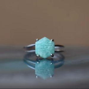 Bague hexagonale en amazonite à double bande en argent sterling 925, bague de fiançailles hexagonale unique en amazonite, bijoux - Product Image 1
