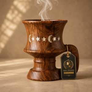 Brûleur d'encens artisanal en bois, incrustation en laiton lune et étoile, calice sculpté, porte-bakhoor, encensoir arabe, récipient d'aromathérapie - Product Image 1