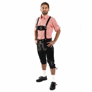 Lederhosen Negros Bordados para Hombre con Camisa a Cuadros Roja, Traje Tradicional Alemán, Ropa Casual, Estilo Otoñal - Product Image 1