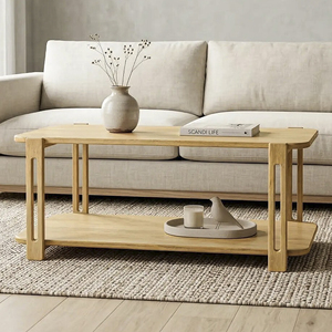 Mesa de Centro Plegable de Madera de Mango Sólida de Dos Niveles, Estilo Moderno de Mediados de Siglo y Retro, Acabado Natural, Duradera, para Sala de Estar - Product Image 1