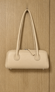Vintage Beige PU Leather Two Straps Portable Shoulder <b>Bag</b> Bowler Purse Zipper Handbag with Polyester Lining for Travel - Product Image 4