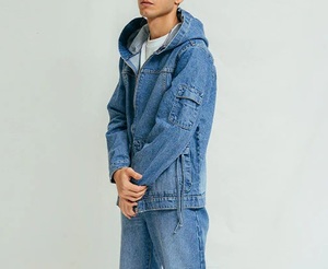 Winter Fall Custom OEM High Quality Pullover Zipper Up Jeans Denim Hoodie Oversize Drop Shoulder With Pockets Hooded For Men's - Product Image 3