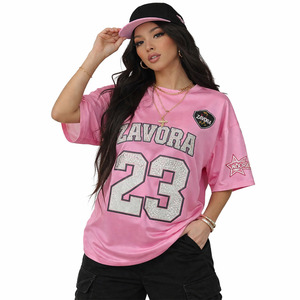 ออกแบบเสื้อเจอร์ซีย์ตาข่ายโพลีเอสเตอร์สไตล์ Y2K ลำลอง น้ำหนักเบา คอวี ลายพราง ประดับเพชร แบบครอป เสื้อเจอร์ซีย์อเมริกันฟุตบอล - Product Image 1