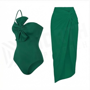 Emerald Green 2 Piece Tankini Set With Ruched Halter Bodysuit And Wrap Skirt For Women - Product Image 3